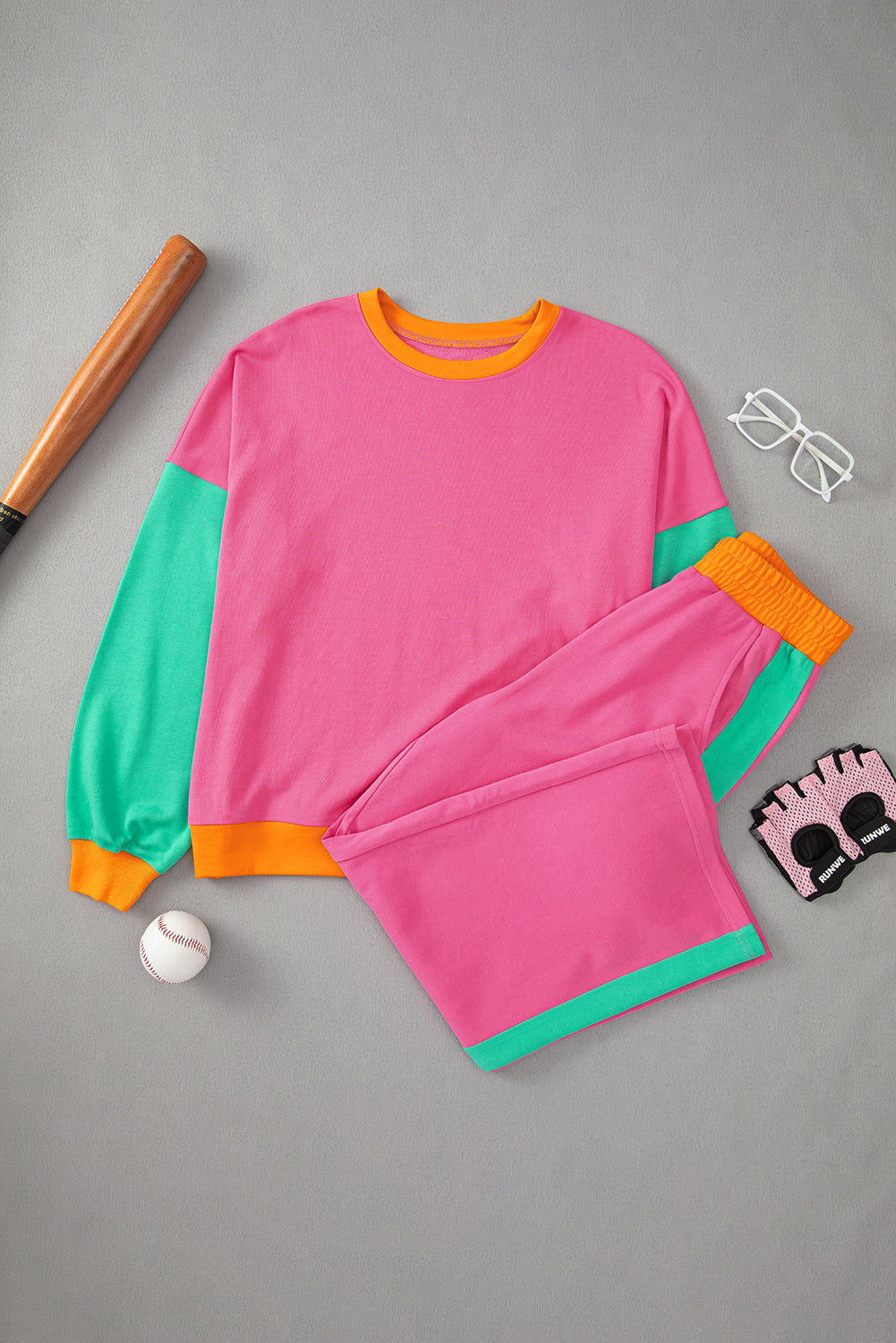 Rose Red Colorblock Patchwork Long Sleeve Top and Pants Set