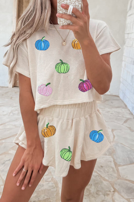 Pumpkin Cropped Tee Loose 2pcs Skort Set