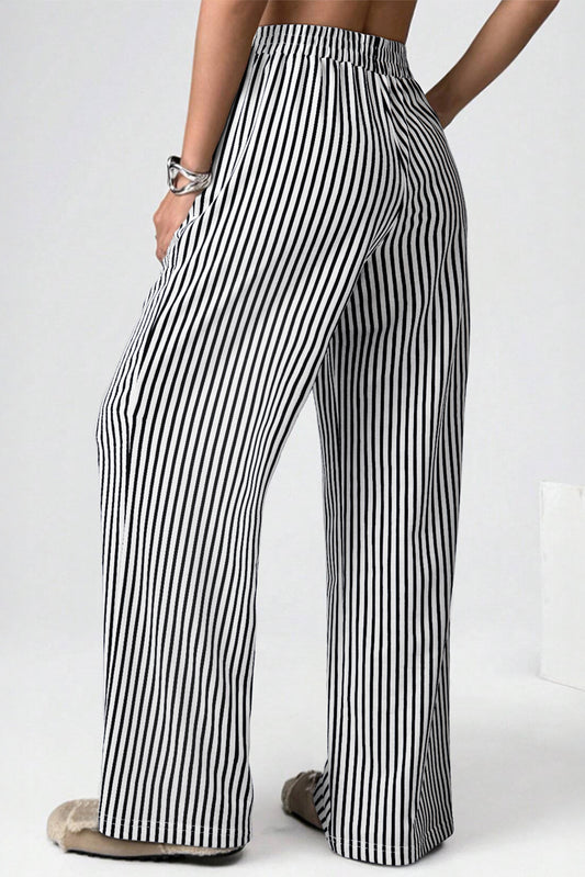 Black Striped Elastic Waistband Loose Pants