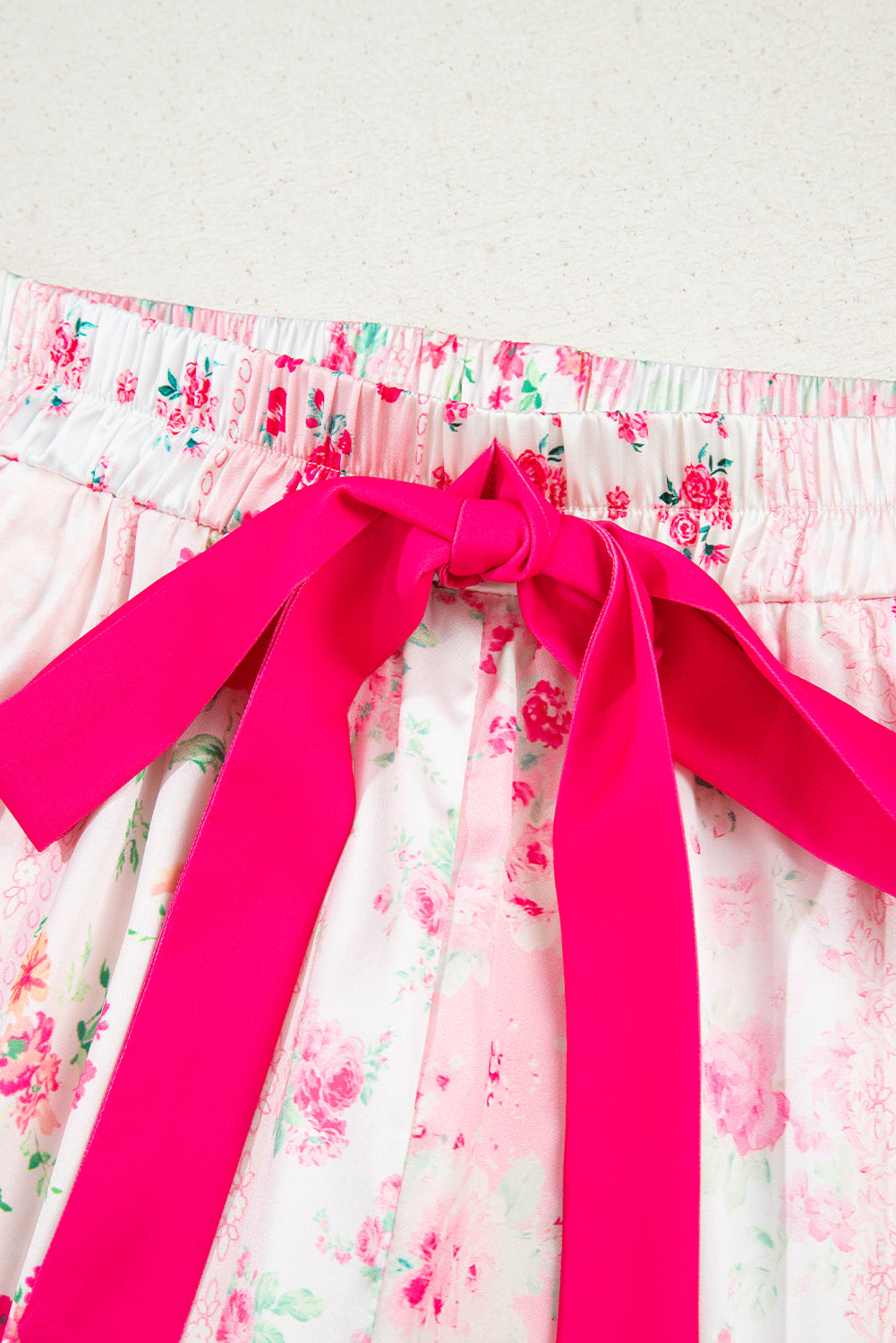 Pink Floral Print Satin Tie Pajama Set