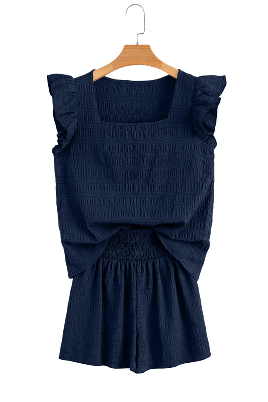 Dirty Blue Ruffle Top and Shirred High Waist Shorts Set