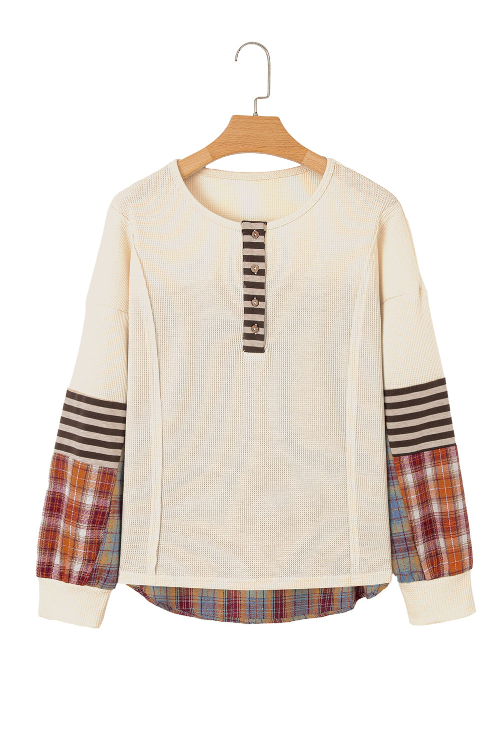 Beige Waffle Stripe Plaid Top