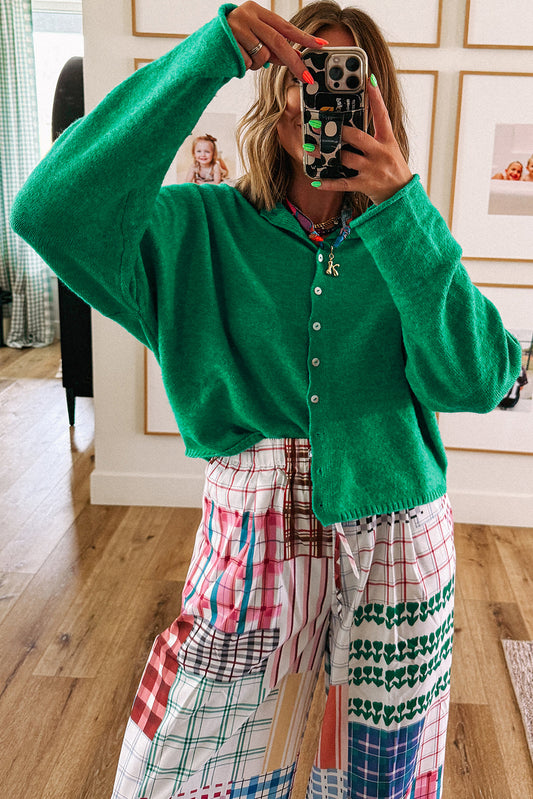 Green Solid Color Knit Cardigan