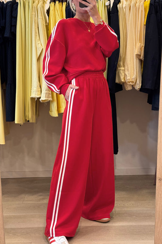 Red Varsity Striped Cropped Pullover Wide Leg Pants 2pcs Outfit