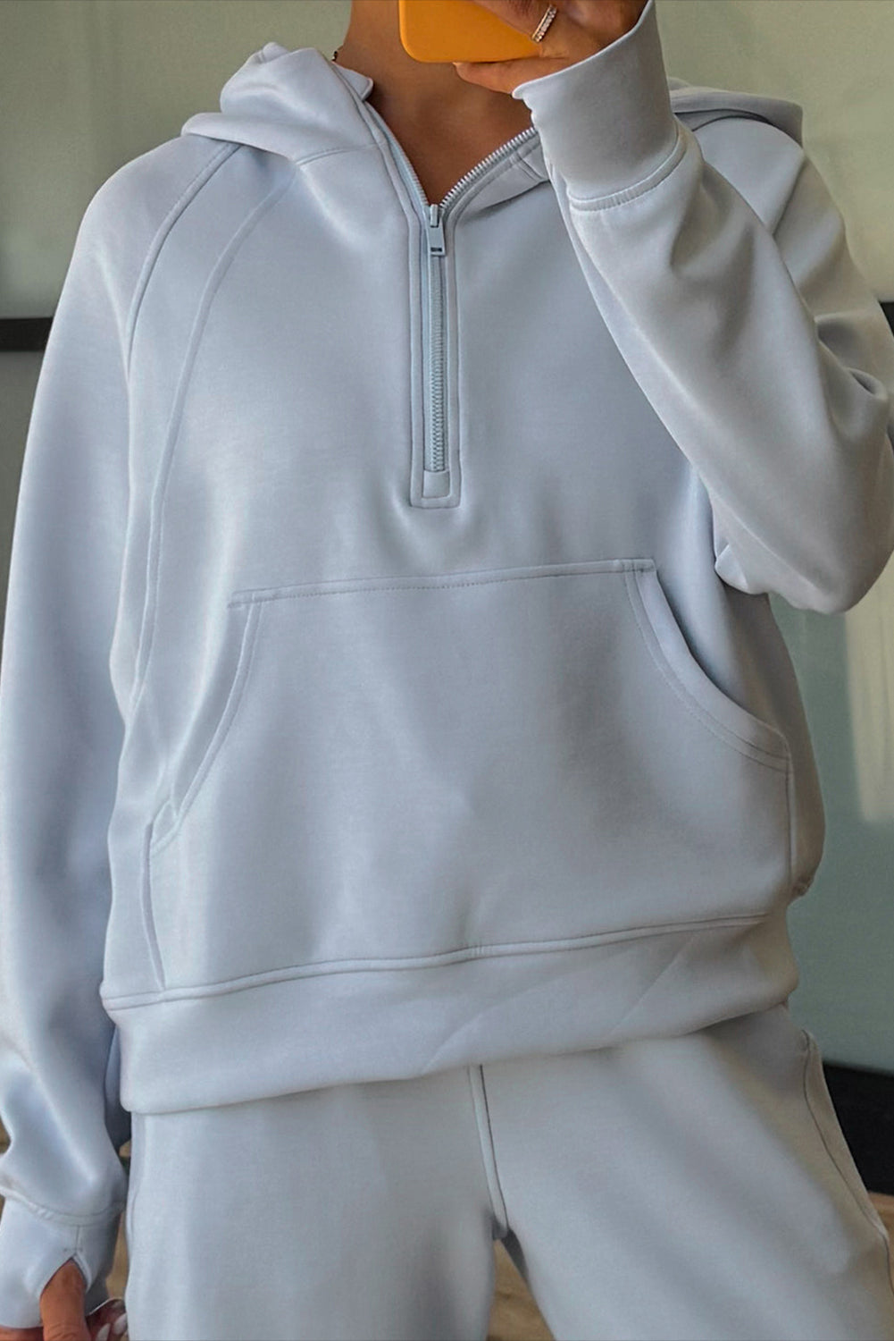 Blue Half Zip Thumbhole Sleeve Hoodie Active Pants 2pcs Outfit