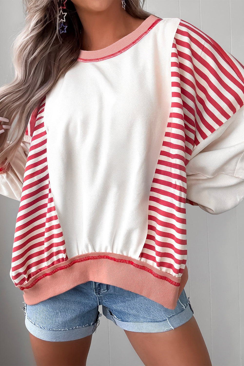 Red Striped Colorblock Oversized Sweatshirt