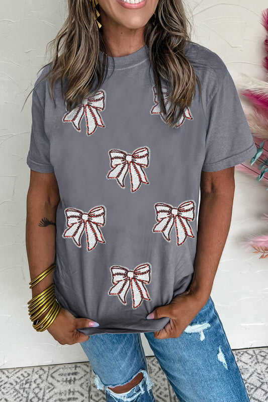 Gray Game Day Sequin Bow Fashion Graphic Tee