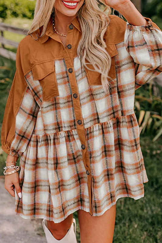 Khaki Plaid Shirt Dress