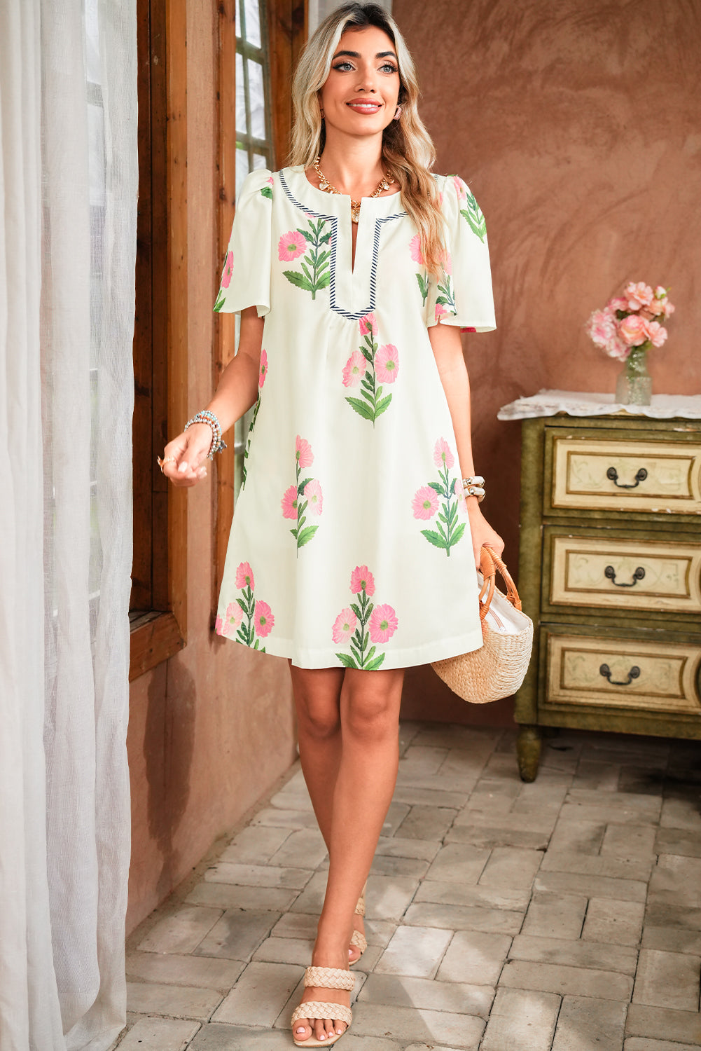 Short Sleeve Split Neck Floral Mini Dress