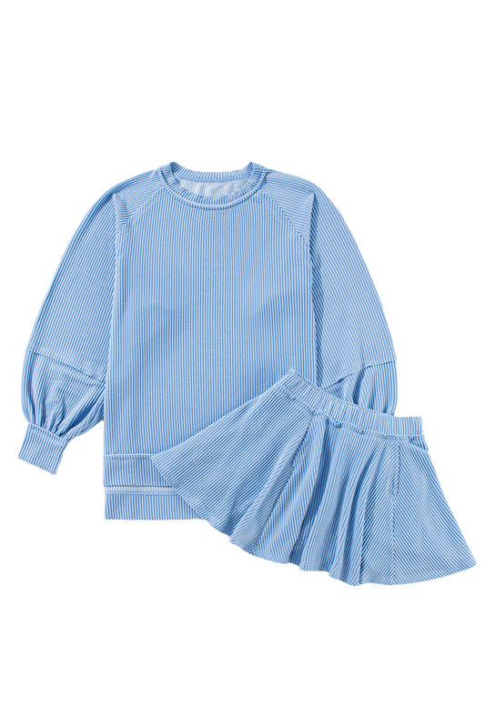 Sky Blue Sleeve Pullover Ruffle Mini Skirt Set