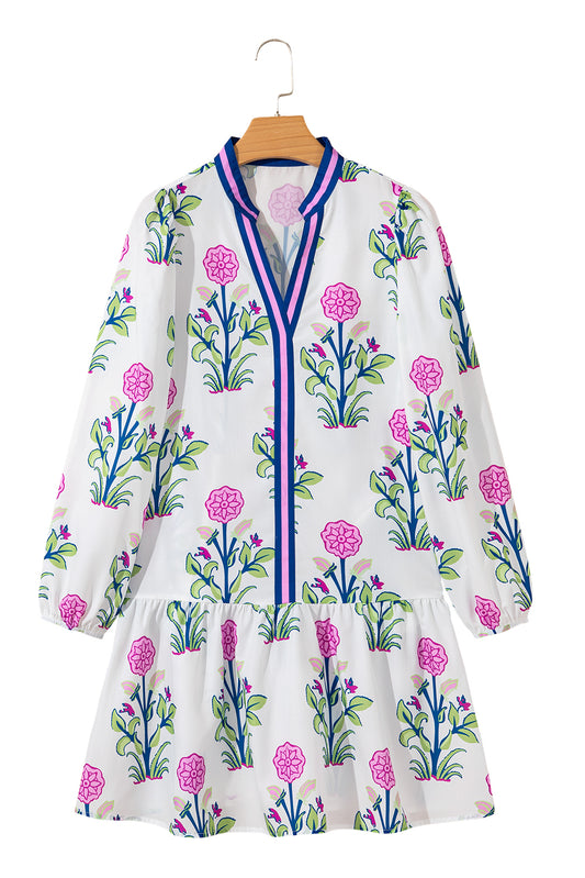 White Floral Print V Neck Mini Dress