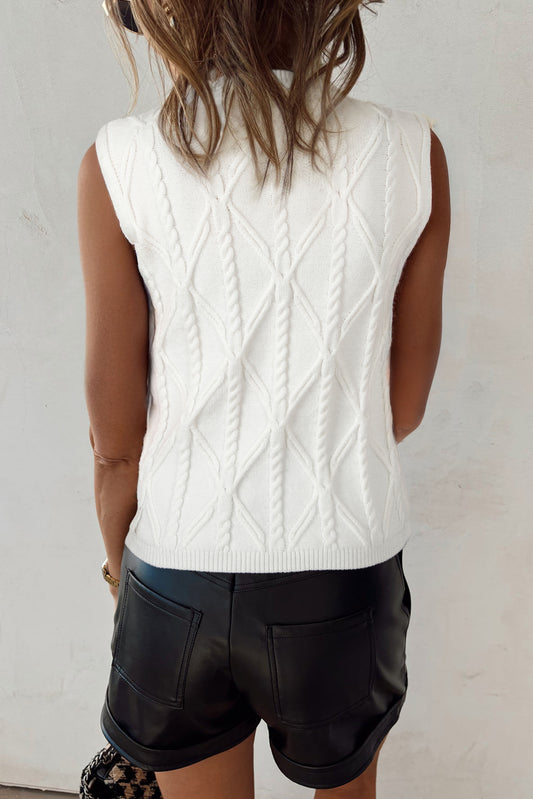 White Pearl High Neck Textured Knit Sweater