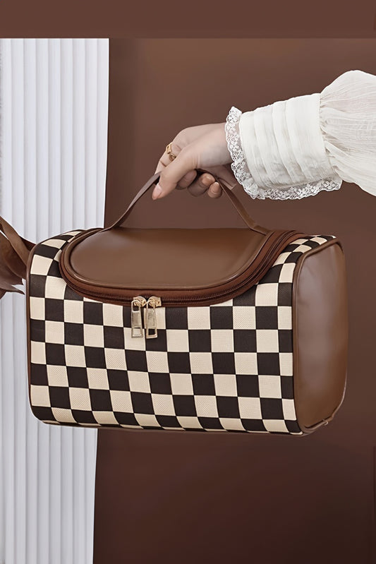 Checkered Large Cosmetic Bag with Handle