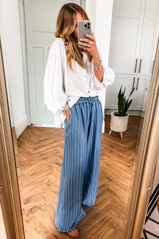 Blue Stripe Wide Leg Tied Elastic Waist Bottoms