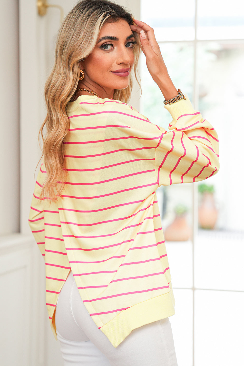 Yellow Striped Drop Shoulder Pullover Sweatshirt