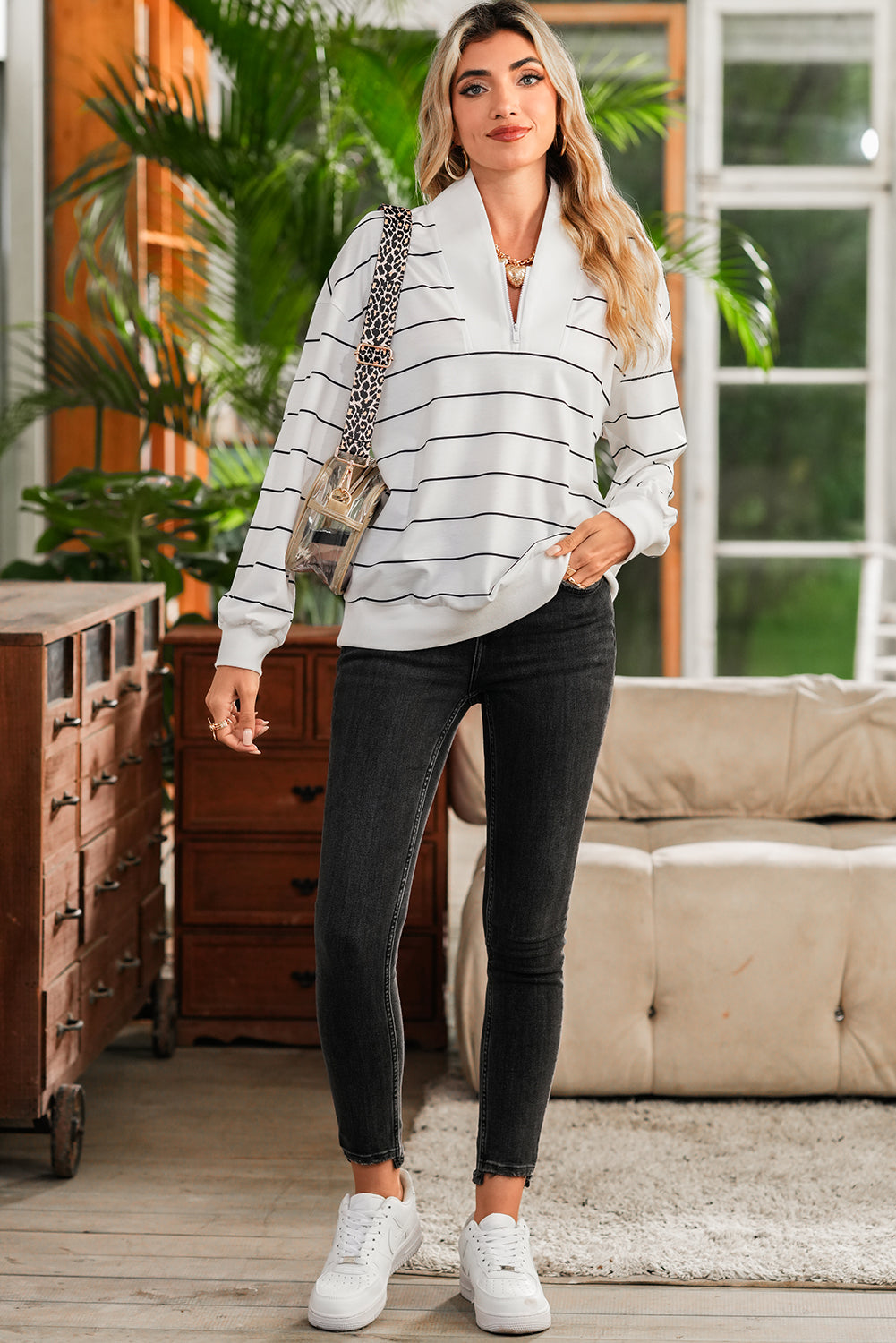 Red Striped Zipper V-Neck Drop Sleeve Top