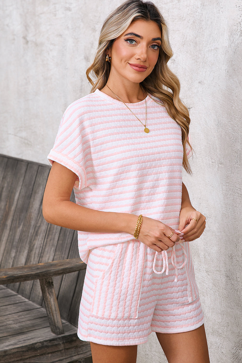 Pink Striped Short Sleeve Top and Pocket Shorts Set