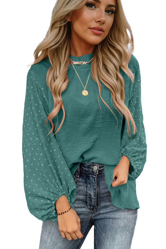 Swiss Dot Balloon Sleeve Patchwork Crinkle Blouse