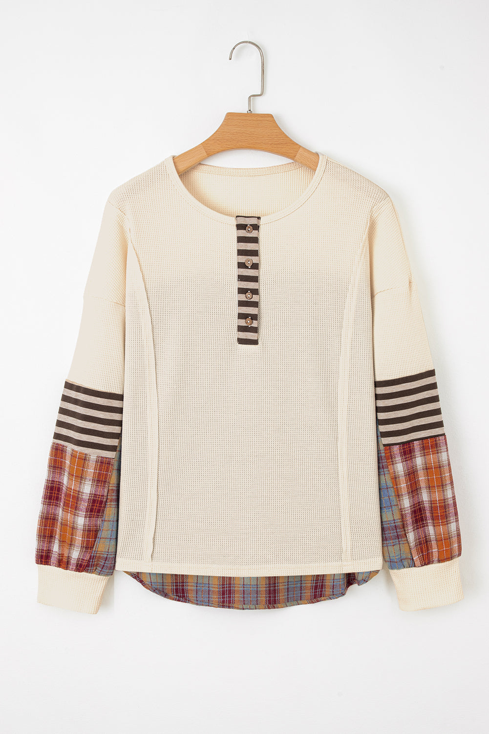 Beige Waffle Stripe Plaid Top