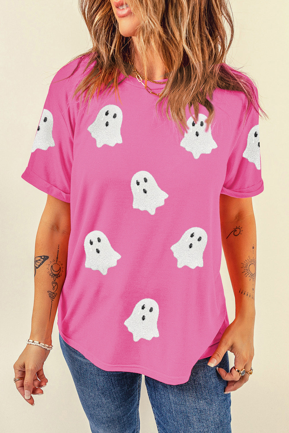 Pink Halloween Ghost Patched Casual T Shirt