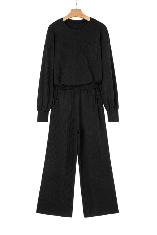 Black Textured Chest Pocket Drop Sleeve Top and Pants Set