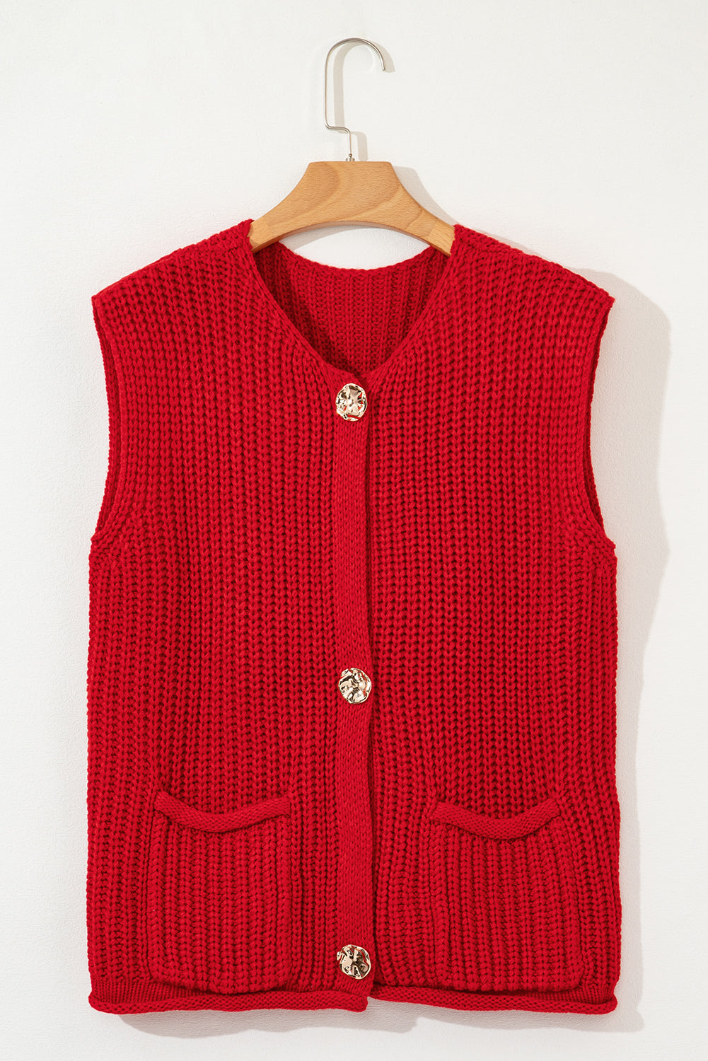 Red Solid Textured Knit Side Pockets Buttoned Sweater Vest