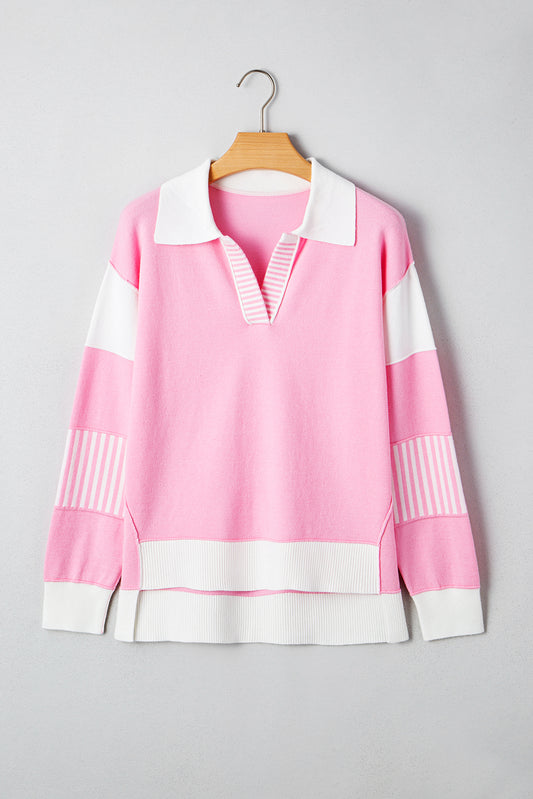 Pink Striped V Neck Sweater