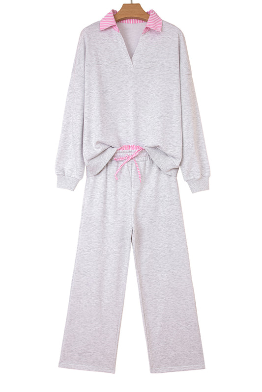 Light Grey Stripe Patchwork Loose Long Sleeve Top Drawstring Waist Pants Set