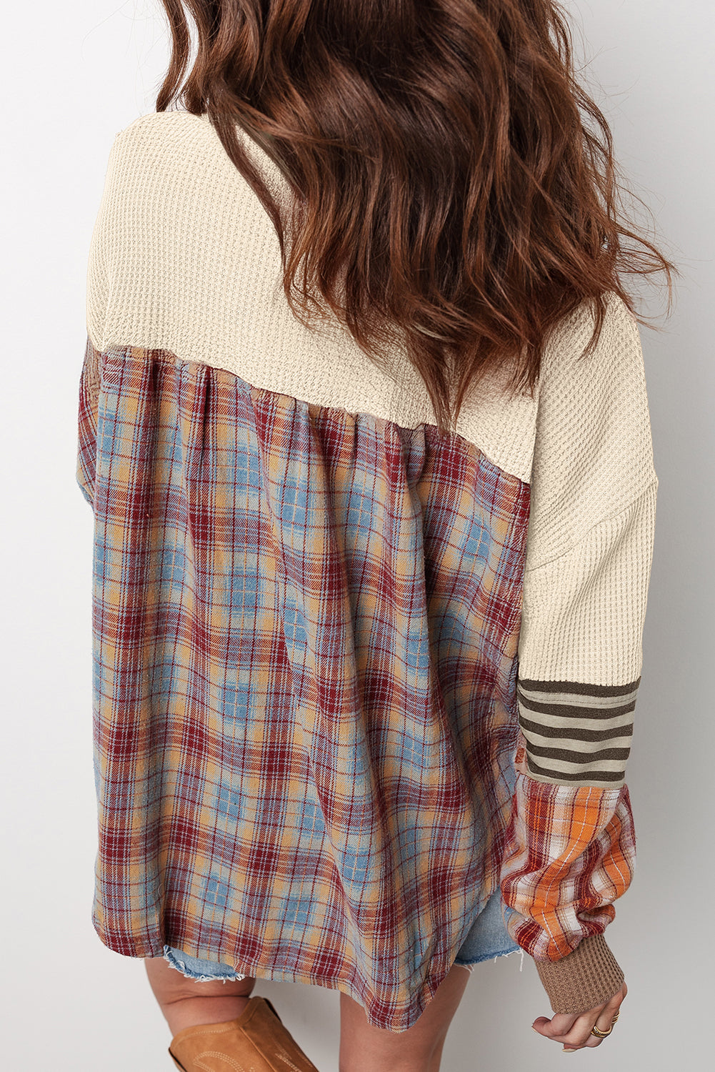 Beige Waffle Stripe Plaid Top