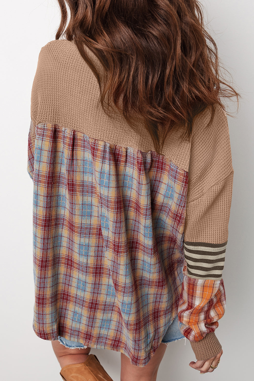 Beige Waffle Stripe Plaid Top