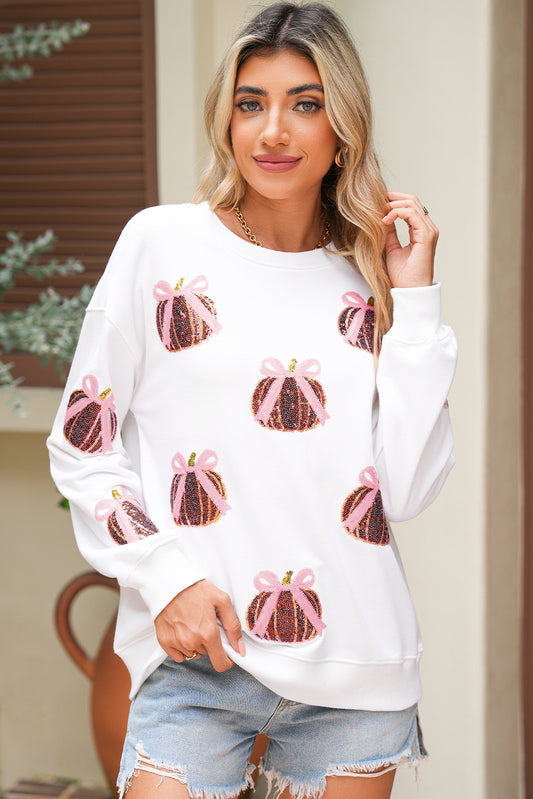 White Sequin Bow Pumpkin Baggy Sweatshirt