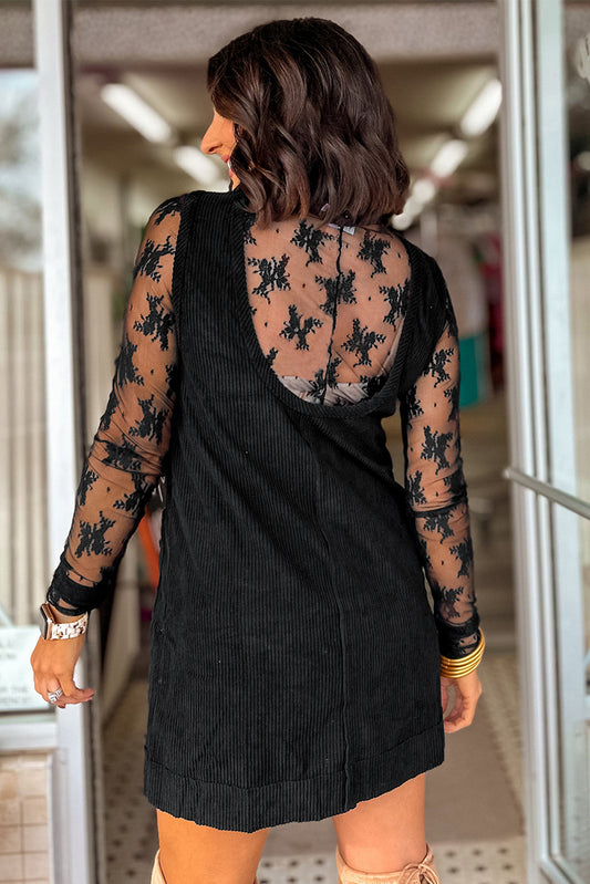 Black Corduroy Sleeveless Mini Dress