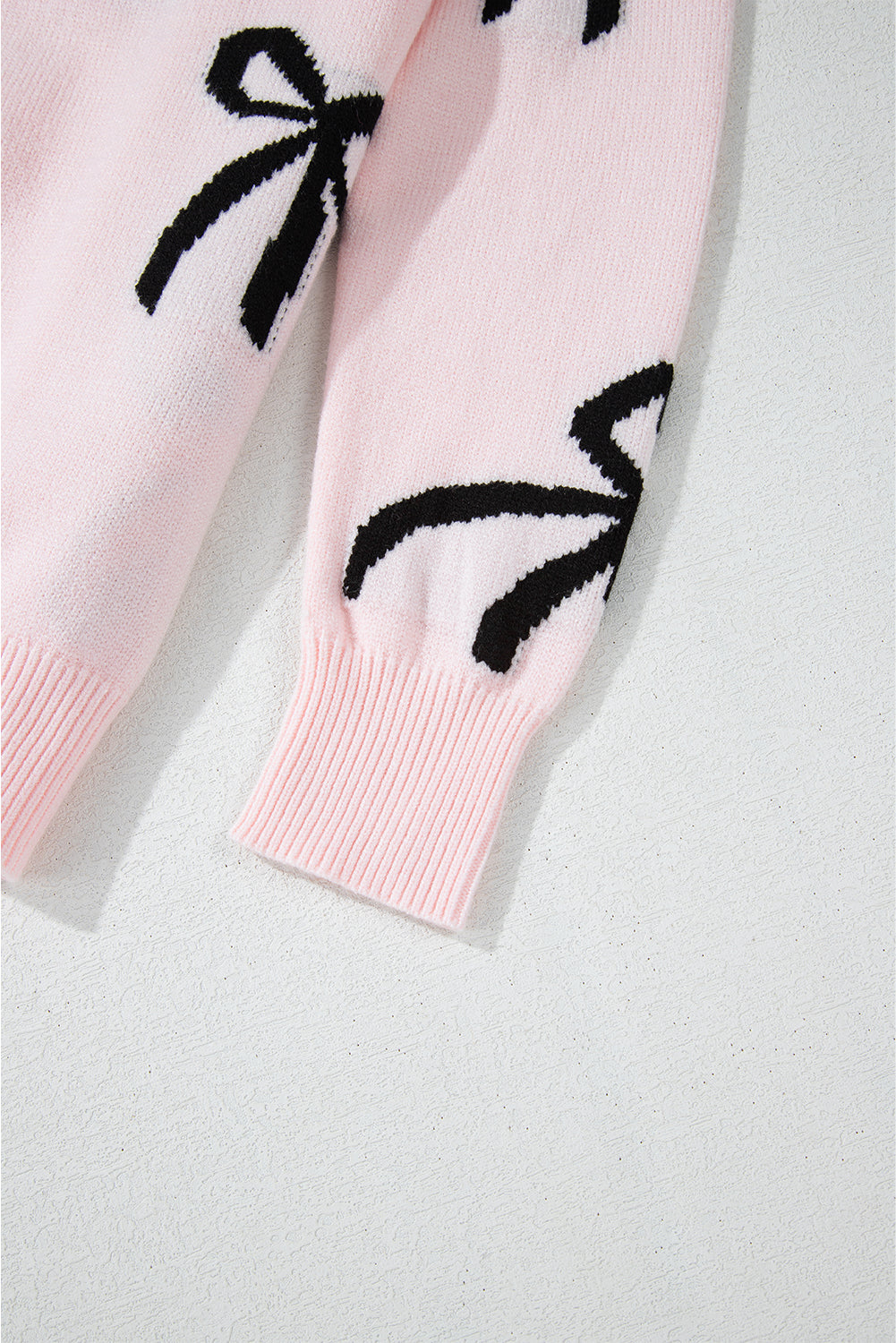Light Pink Bow Print Long Sleeve Loose Fit Sweater