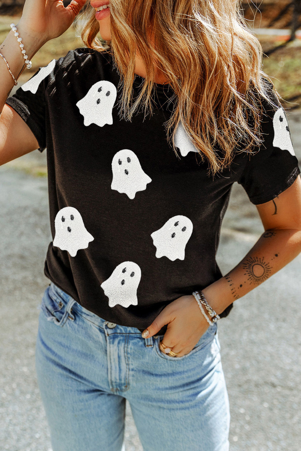 Pink Halloween Ghost Patched Casual T Shirt