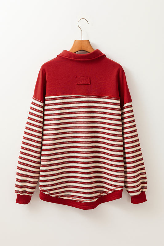 Red Stripe Collared V Neck Drop Shoulder