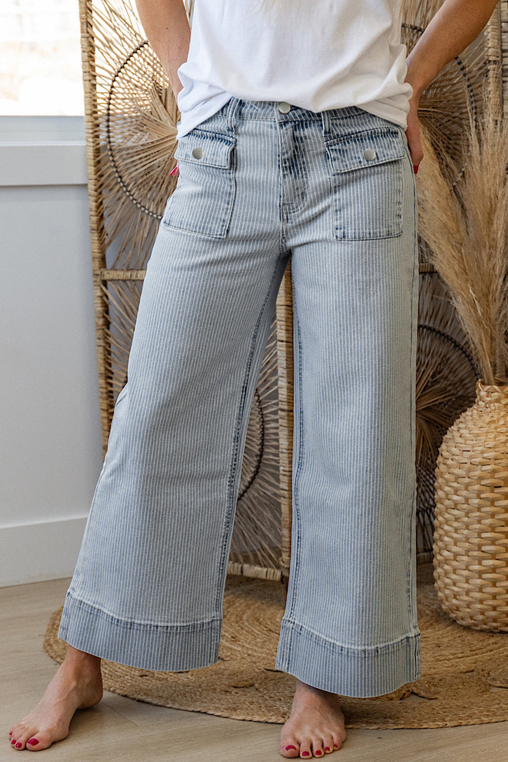 Sky Blue Striped Button Flap Pocket Wide Leg Jeans