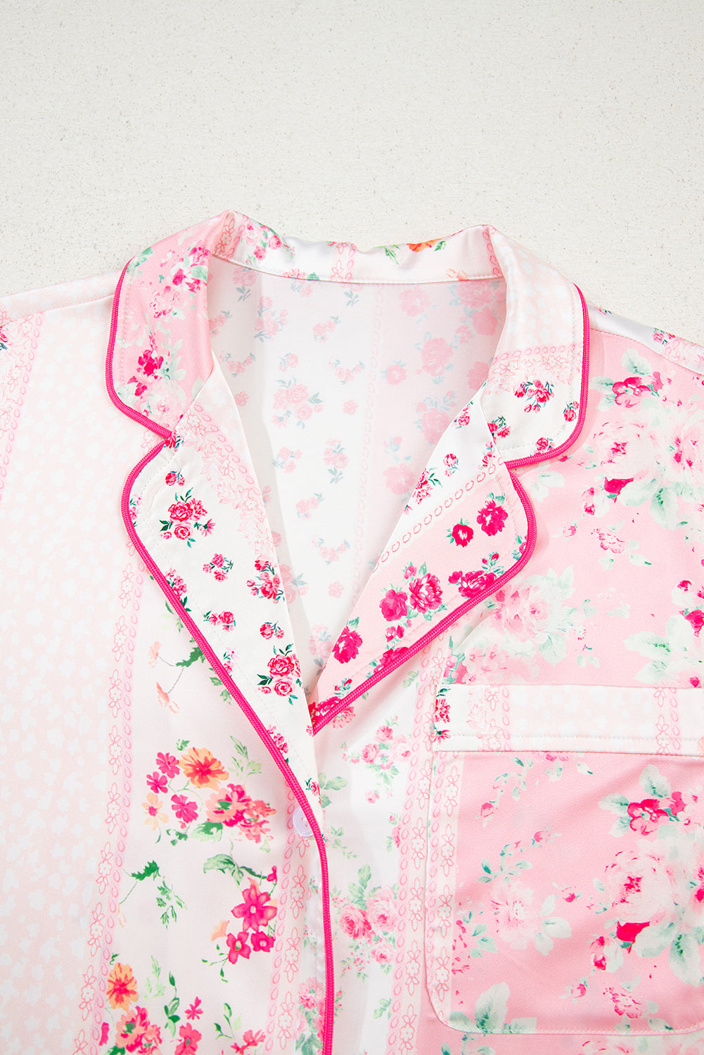 Pink Floral Print Satin Tie Pajama Set