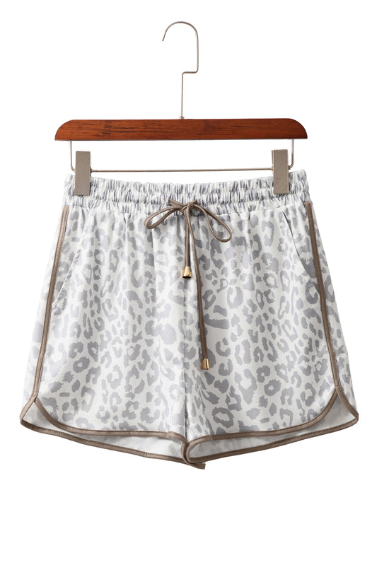 White Leopard Elastic Waist Lace up Casual Shorts