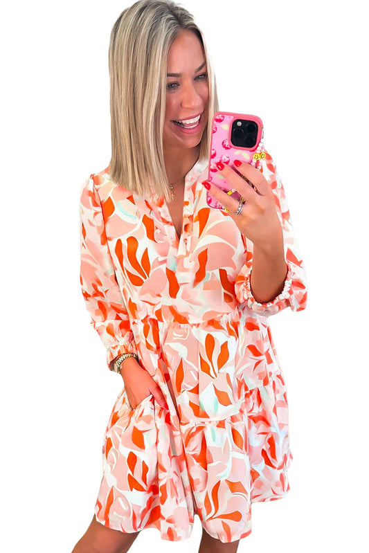 Orange Abstract Print Split Neck Long Sleeve Dress