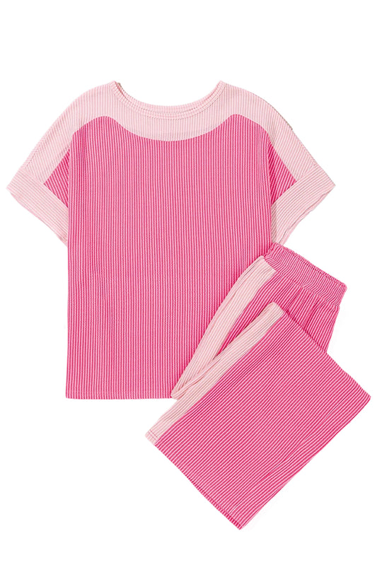 Pink Colorblock Patchwork Corded Pants Set