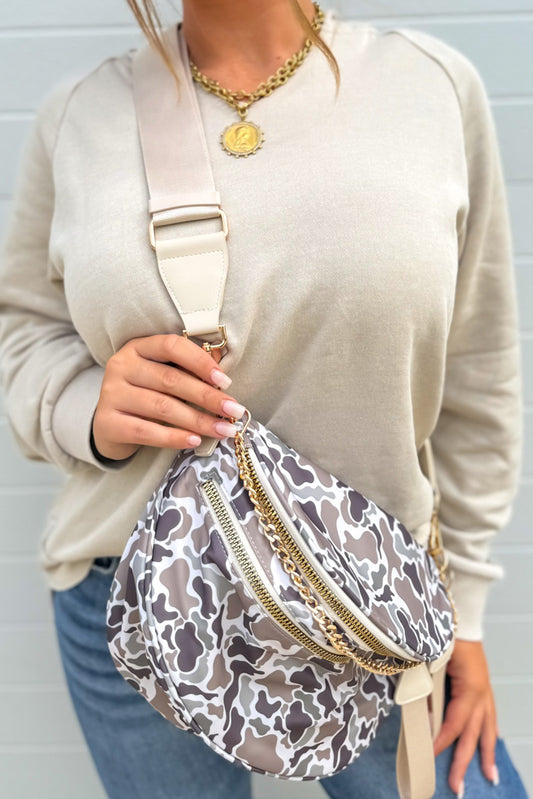 White Camouflage Print Double Zipper Crossbody Bag