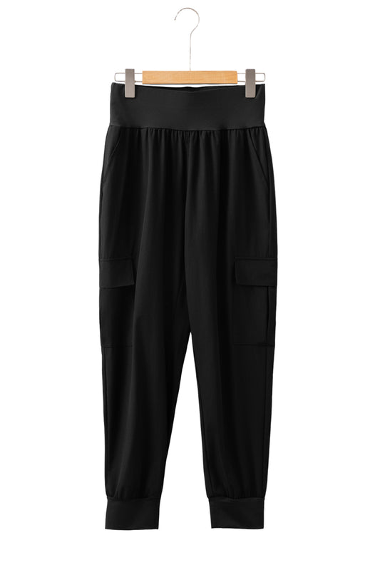 Black Elastic High Waist Pocketed Cargo Jogger Pants