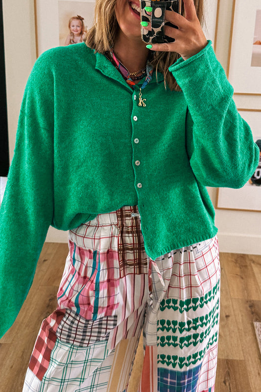 Green Solid Color Knit Cardigan