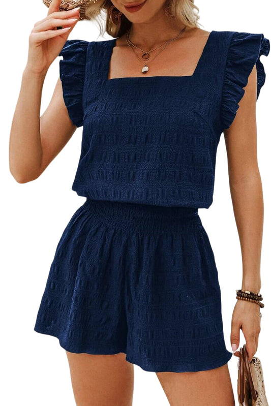Dirty Blue Ruffle Top and Shirred High Waist Shorts Set