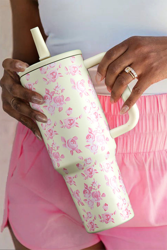White Flower Print Handle Insulated Large Tumbler