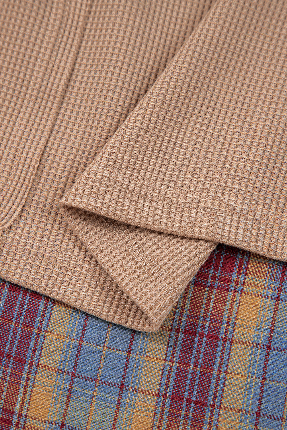 Beige Waffle Stripe Plaid Top
