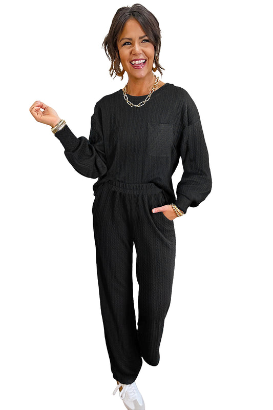 Black Textured Chest Pocket Drop Sleeve Top and Pants Set