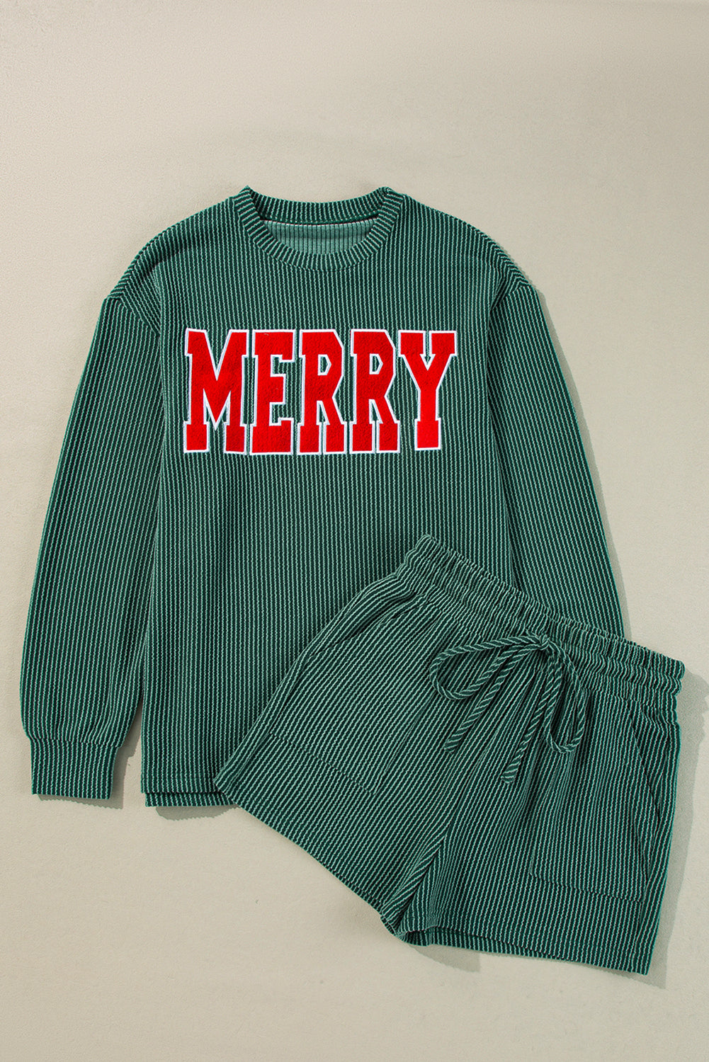 Red MERRY Long Sleeve Top and Shorts Pajama Set