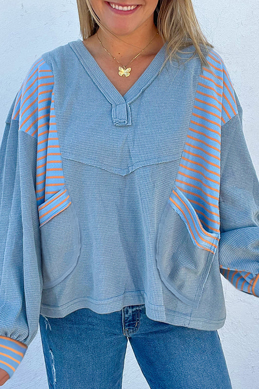 Blue Seam Waffle Striped Patchwork Baggy Pullover