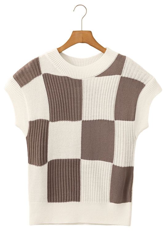 Khaki Checkered Crew Neck Short Sleeve Sweater